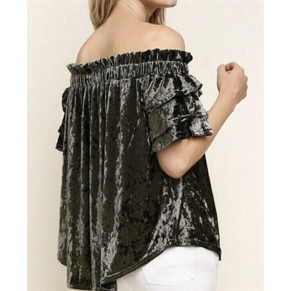 NWT Umgee Green Olive Velvet Off Shoulder Top Blouse Size Large - Picture 2 of 11